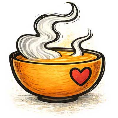Drawing of bowl of soup with heart on bowl